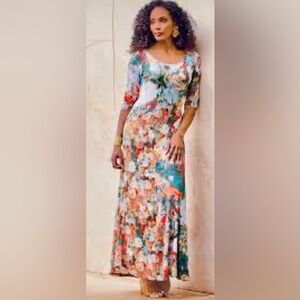 Soft Surroundings Floral Maxi Dress in Teal, Coral, White